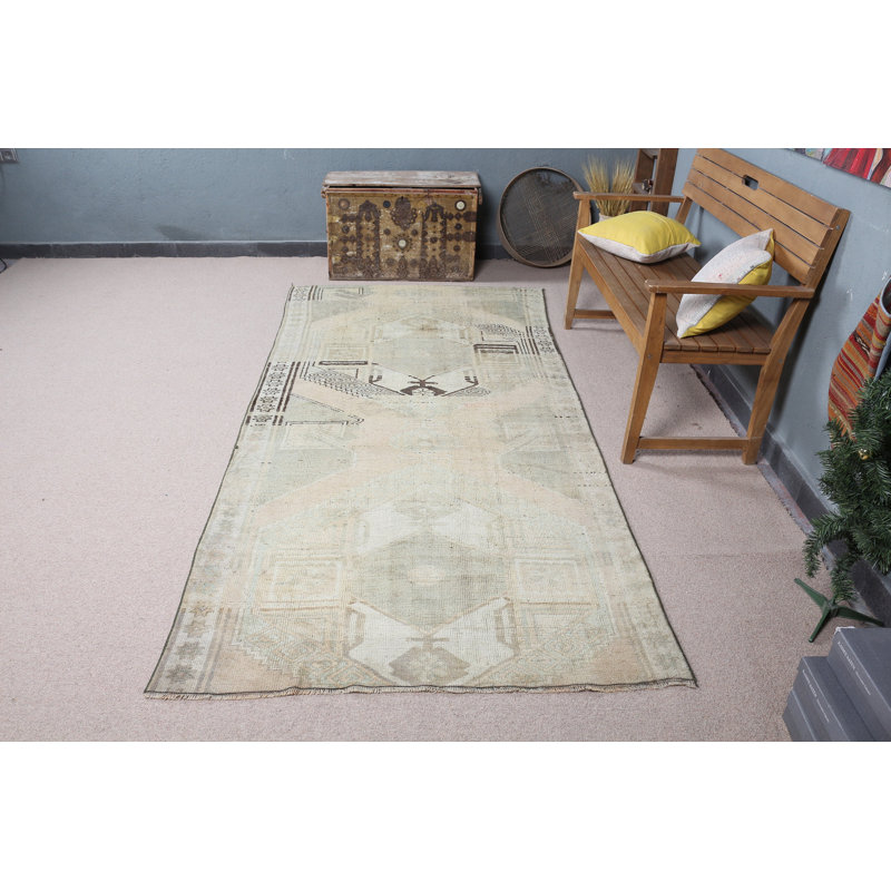 Tapis en laine vert turc tissé à la main avec un motif ethnique naturel pour un décor de salon élégant