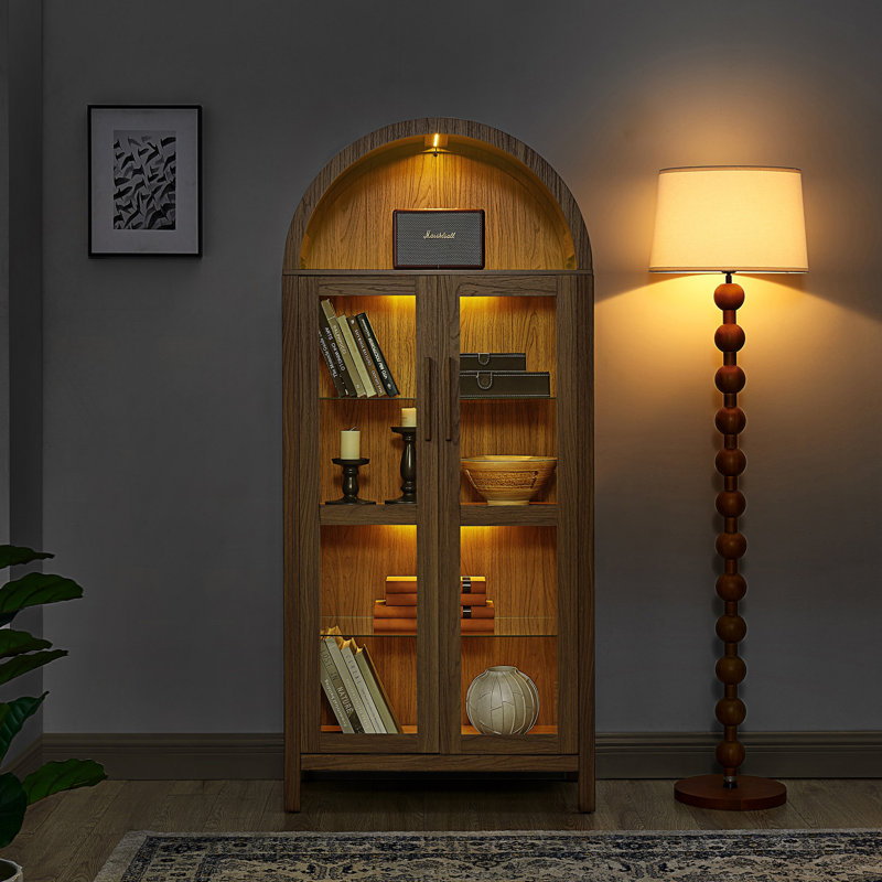 Modern Retro-Style High Arched Storage Cabinet With Lamp, Living Room Cabinet, Brown