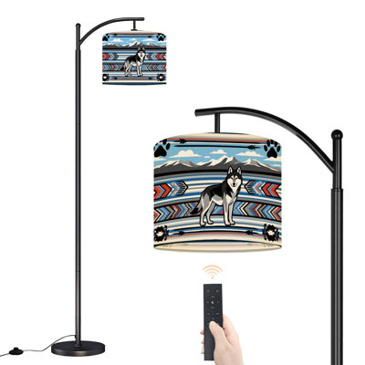 Arc Floor Lamp Gray Wolf Native American Inspired Geometric Tribal Mountain Landscape Floor Lamps with Remote LED Lights Adjustable Lamp Shades Tall Standing Lamps for Reading Office Living Room
