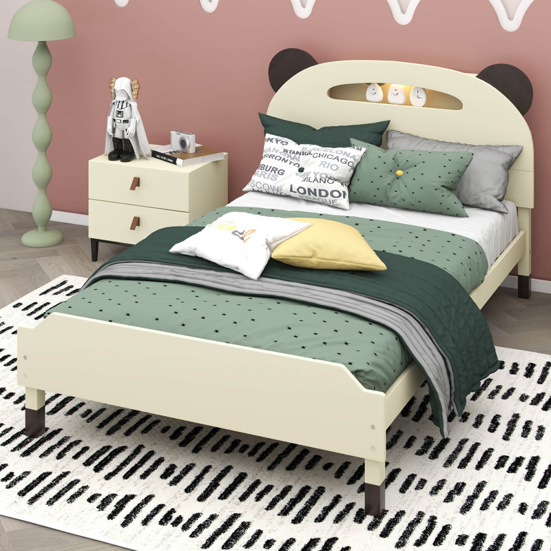 Lit plateforme en bois Loretta, Crème / noyer