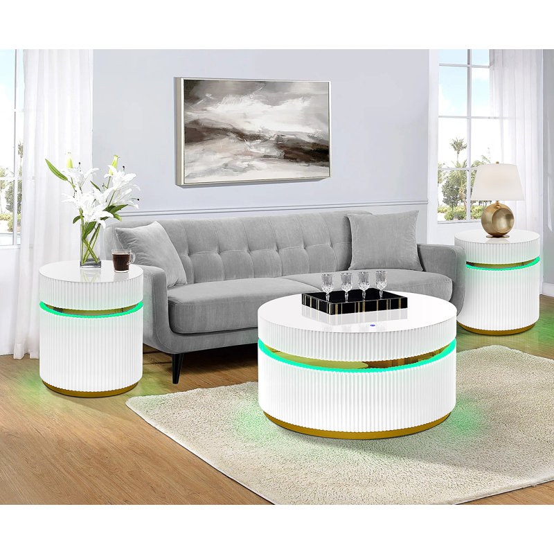 Ensemble de tables basses rondes 3 pièces avec plateau en verre et lumières DEL Tavita