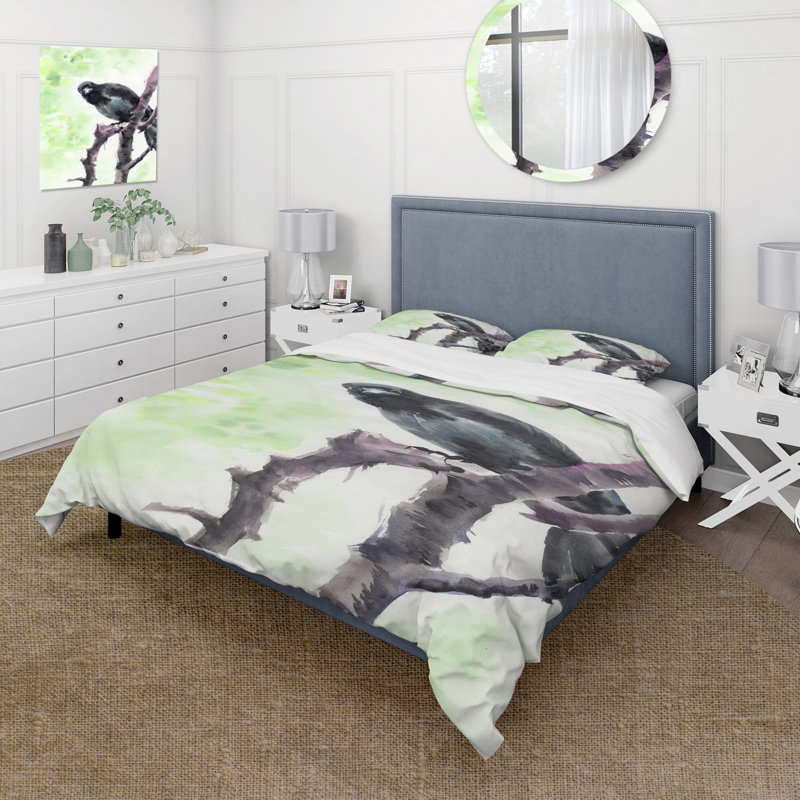 Curious Crow On A Branch - Ensemble de housse de couette traditionnel - Microfibre de polyester