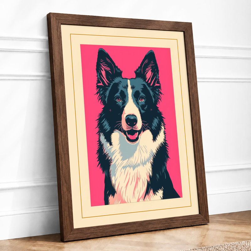 Happy Collie Modern - Framed Print, A2 - 59.4 x 42.0 cm, Walnut