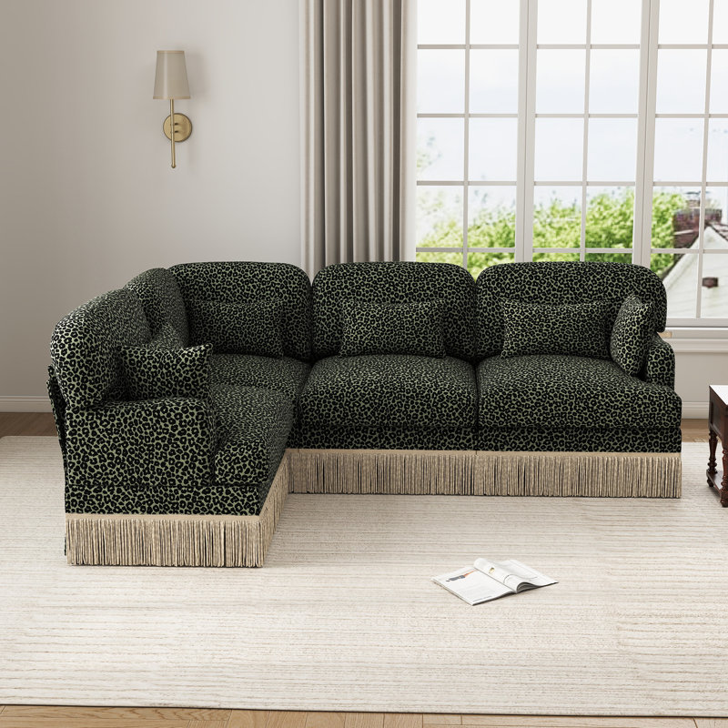 Canapé modulaire en L en chenille à imprimé léopard avec coussins et jupe à pampille, Imprimé léopard vert-noir