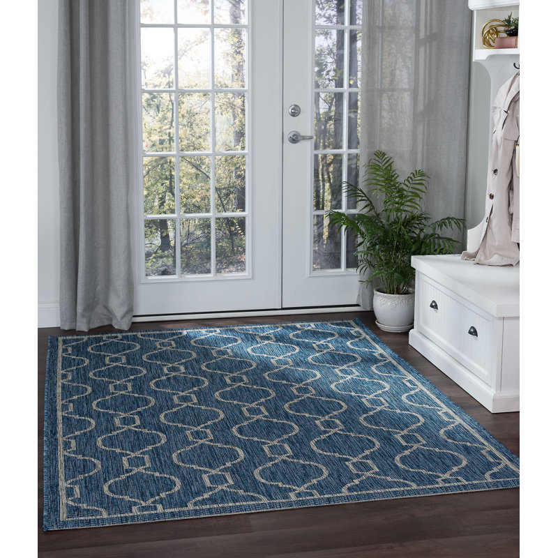 Speegle Indoor / Outdoor Geometric Indigo Blue Area Rug, Rectangle 7'10" x 10'3"