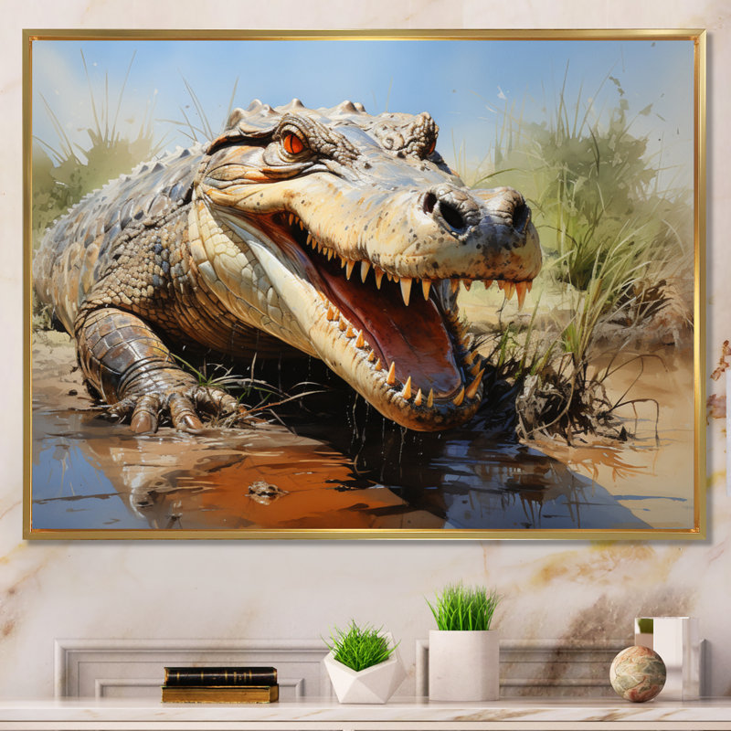 Portrait de crocodile africain, H 34 po x l 44 po x P 1,5 po, Cadre flottant doré