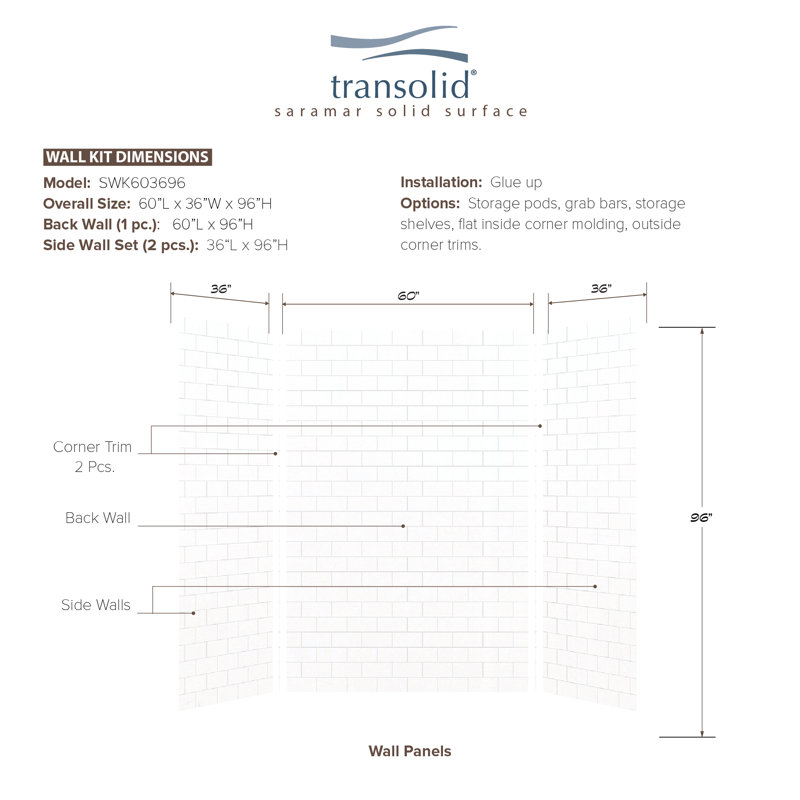 SaraMar White Solid Surface 3-Piece Glue Up Shower Wall Kit