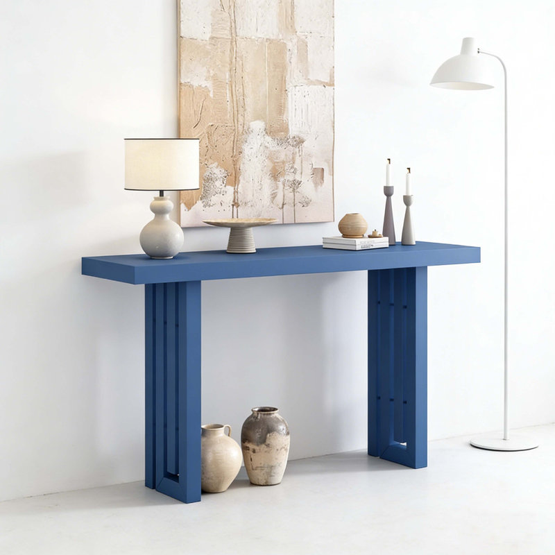 Modern Minimalist Console Table With Slatted Double-Pillar Legs, 59" Long Entryway Table For Hallway, Living Room & Foyer (Vibrant Blue Finish)