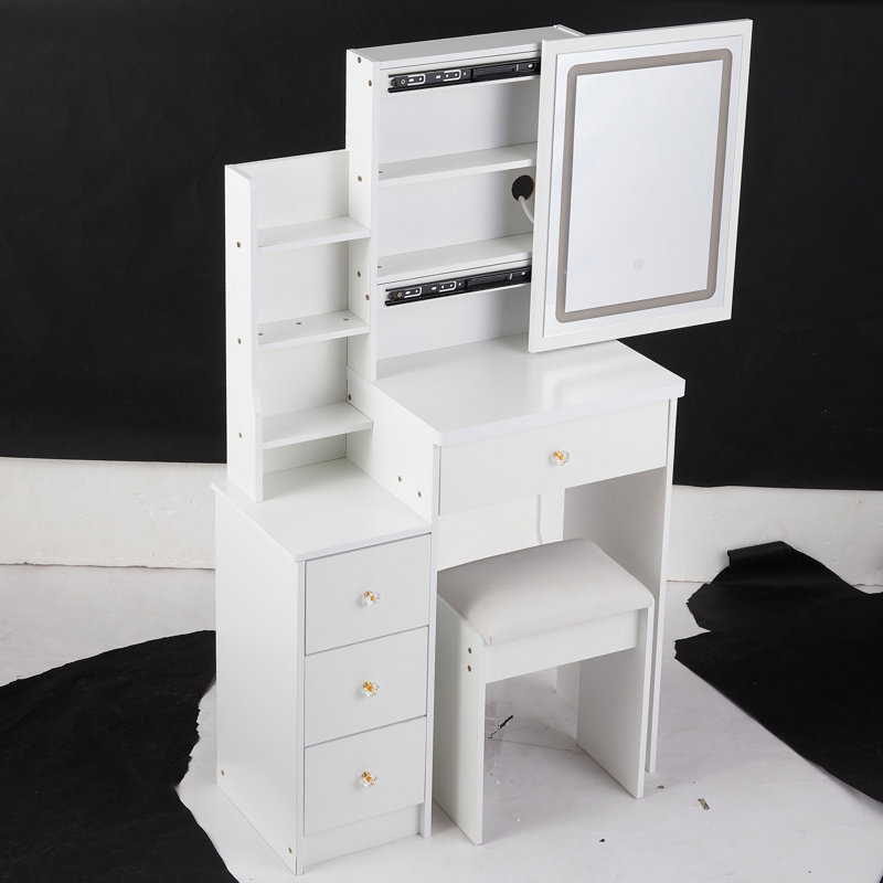 Small Size Left Bedside Cabinet Vanity Table + Cushioned Stool, Large Sliding, Touch Control, Tri-Color Switching, Brightness Adjust LED Mirror, High Capacity Storage