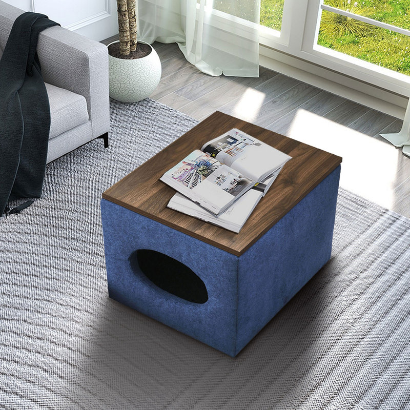 Repose-pieds de rangement rectangulaire en velours de 21 po de largeur, 100 % polyester bleu