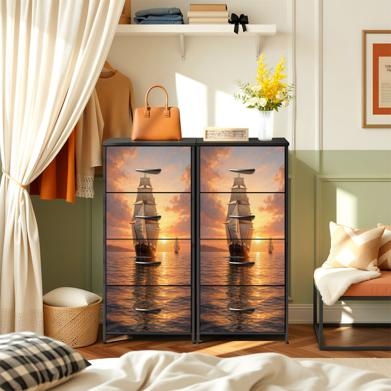 Commode pour chambre à coucher avec 4 tiroirs de rangement Voiliers Sunset Calm Ocean Waters Commode Commode en tissu avec cadre en acier