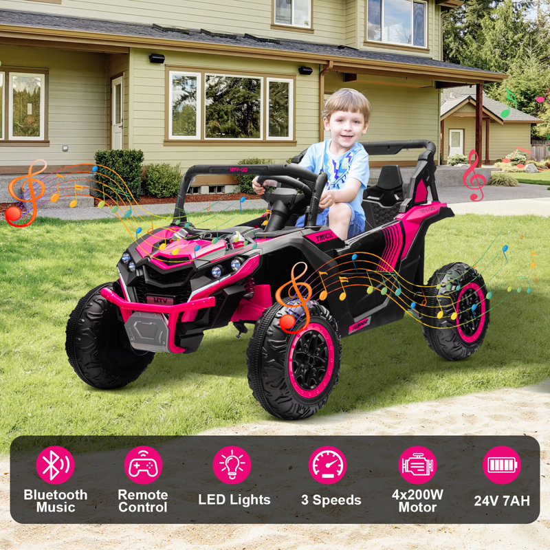 24V Kids Ride On Car UTV rose, véhicule électrique 2 places pour tout-petits avec télécommande, musique, Bluetooth, ceintures de sécurité