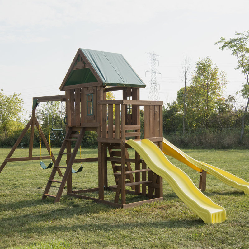 Castlebrook Wooden Swing Set with Yellow Slides and Climbing Wall