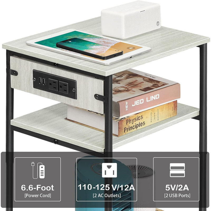 Allouette End Table and Built-In Outlets, Grey