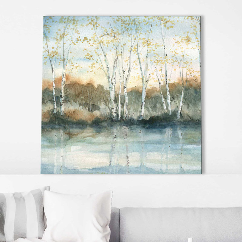 Birch Riverbank par Carol Robinson - Peinture, L 18 po x H 18 po, Toile tendue