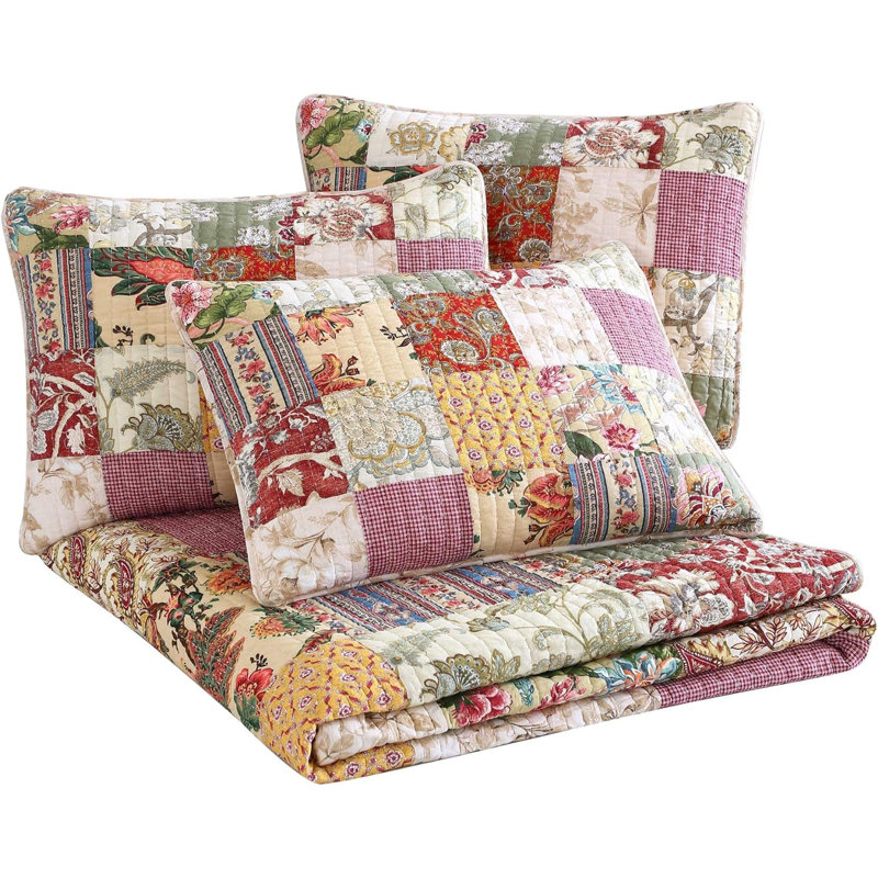 Beige/Red Cotton Reversible Quilt Set, Daybed Quilt + 3 Standard  Shams