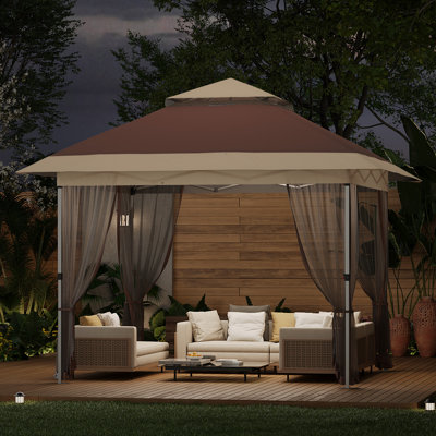 Tente pliable à installation rapide - auvent extérieur 10 x 10 pi avec moustiquaire, hauteur réglable, rideaux, sac de transport à roulettes et 4 sacs de sable - abri de jardin pour patio