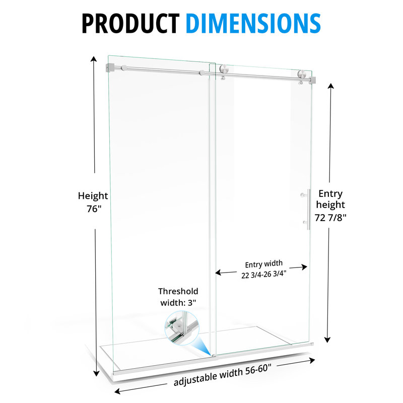 56–60" W X 76" H Frameless Sliding Shower Door 3/8”(10mm) Tempered Glass And Stainless Steel Hardware, Brushed Nickel