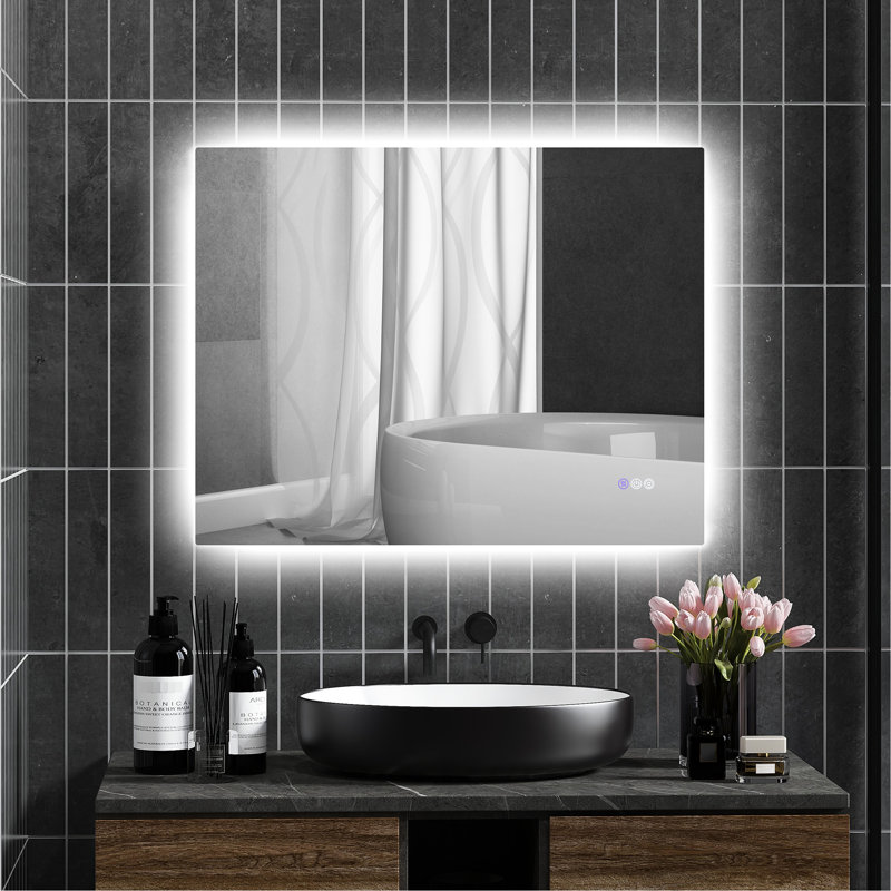 Miroir de salle de bain 35 po x 28 po avec DEL, fonction de brouillard, luminosité et température de couleur réglables, fonction de mémorisation, fixation murale, horizontale / verticale, Cri90 +, résistant à l'eau, mémoire en alliage, aluminium