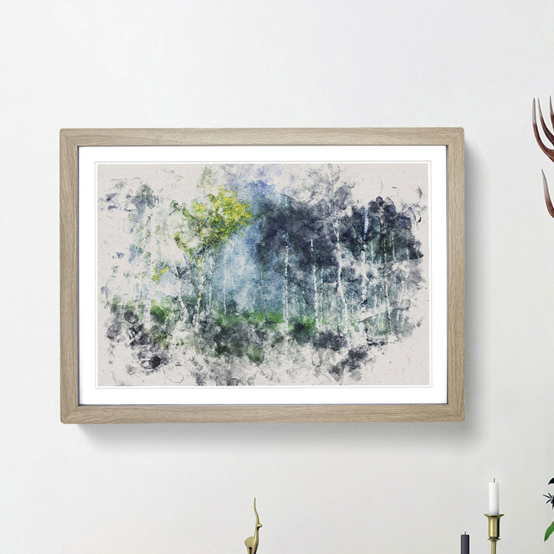 Wonderous Birch Tree Forest Watercolour - Picture Frame Graphic Art Print, Oak Framed, 36cm H x 48cm W x 2cm D