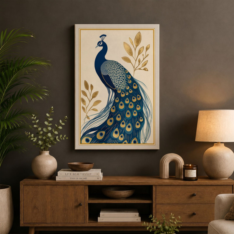 Ornamental Peacock Japandi - Wrapped Canvas, 18x12 - 45.7 x 30.5 cm, Ochre Border