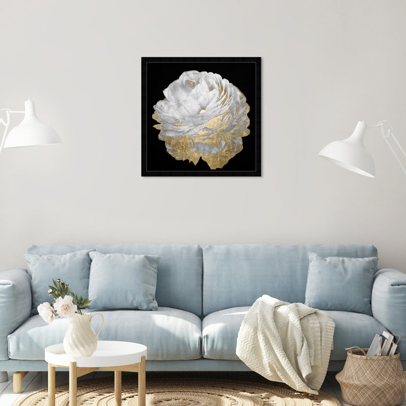 Or et fleurs légères - Peinture encadrée sur papier, H 26 po x l 26 po, Cadre noir