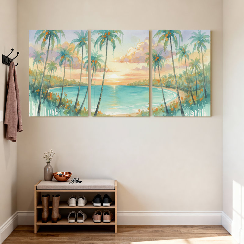 Palmiers, palmiers tropicaux, coucher de soleil, ensemble de 3 impressions sur toile, H 24 po x l 48 po