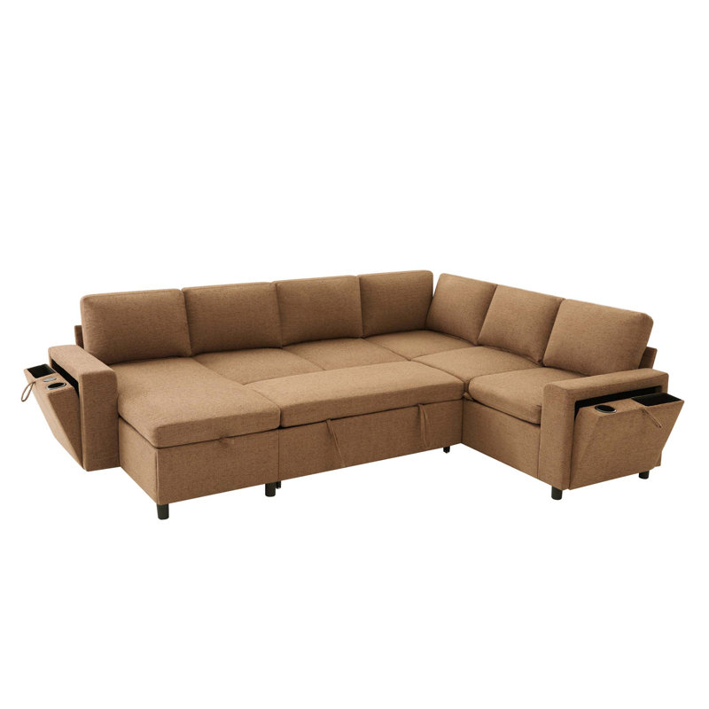 Canapé d'angle convertible en forme de U avec rangement et ports USB, Chenille brun