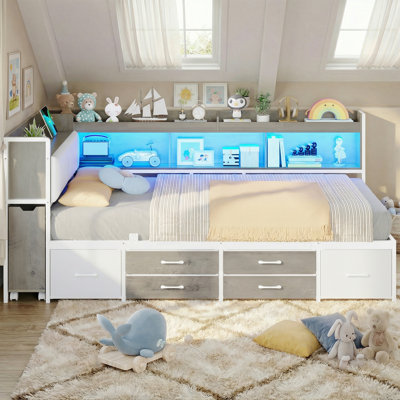 Upholstered Convertible Daybed with Storage Pull-out Cabinet Bookcase & L-Shaped Headboard Under-Bed Drawers Metal Platform Bed by 17 Stories