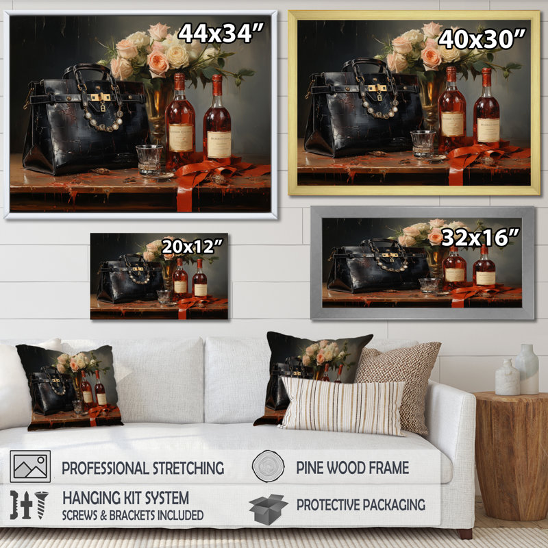 Vin et sac à main de luxe - reproduction sur toile, Toile tendue, H 24 po x l 32 po x P 1 po