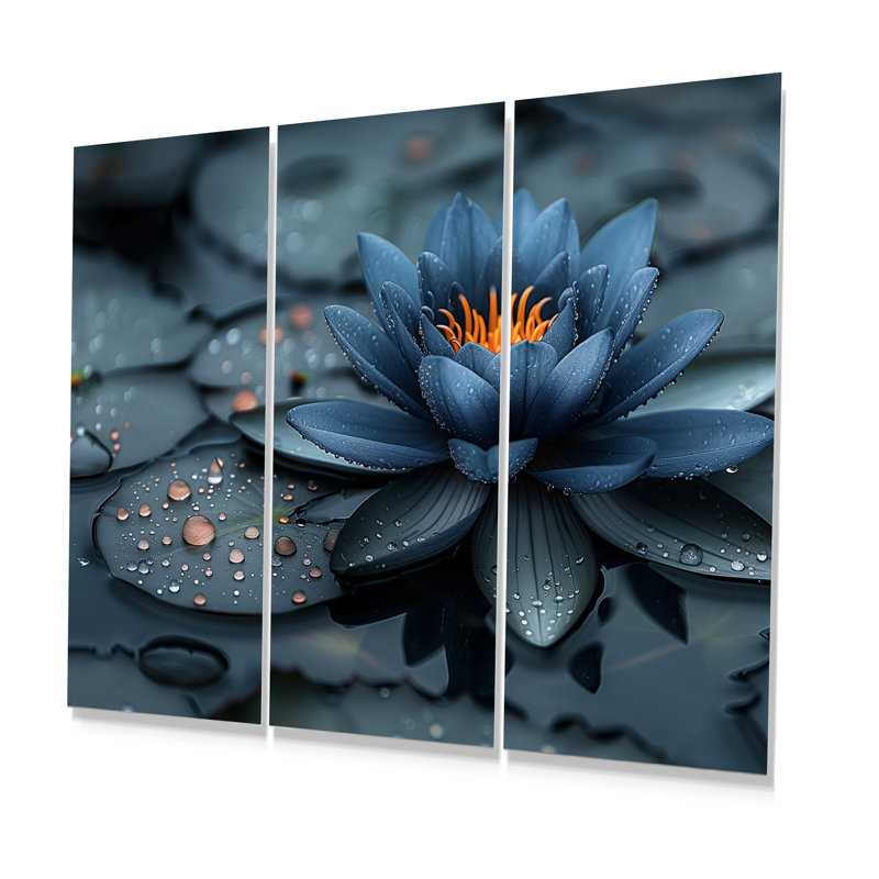 Blue Monochrome Lotus Pond Radiant Blooms I - Lotus Wall Decor Set, Metal, 28" H x 36" W x 1" D
