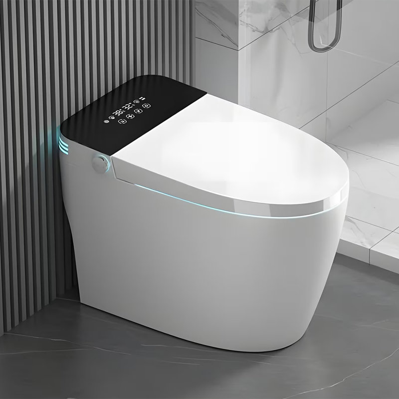 Toilette intelligente, siège de toilette bidet intégré avec chasse d'eau à capteur de pied, siège chauffant et éclairage DEL