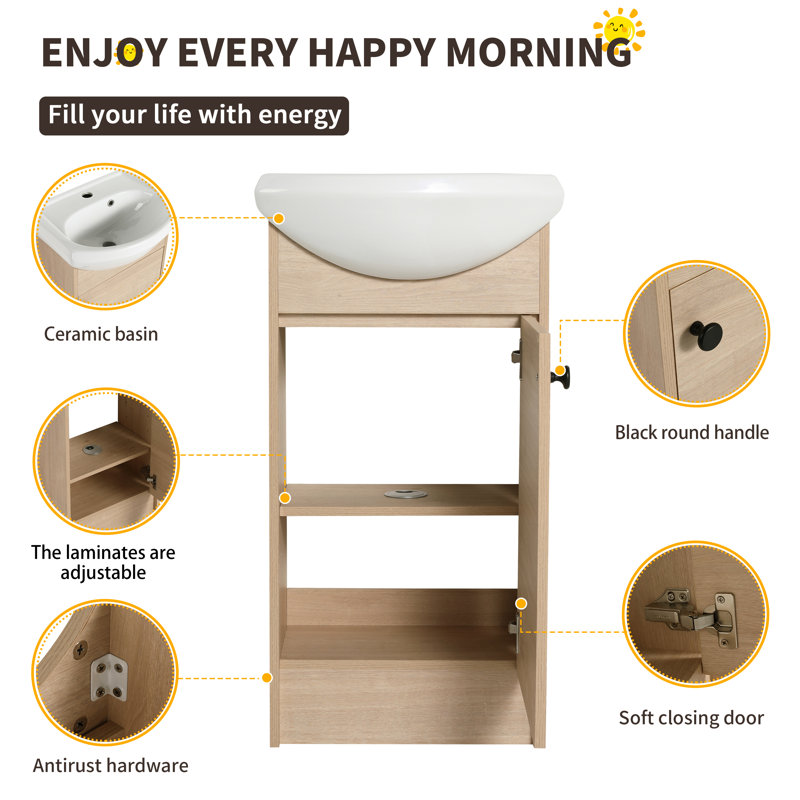 18" Free Standing Single Bathroom Vanity with Ceramic Top, Floor Standing Bathroom Vanity With 1 Door, 1 Adjustable Shelf