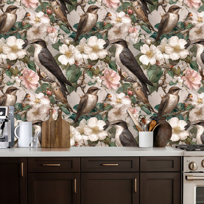 Peler et coller le papier de contact avec papier, oiseau botanique rétro, décoration florale dorée, auto-adhésif et amovible 24 po x 118 po (60 x 300 cm)