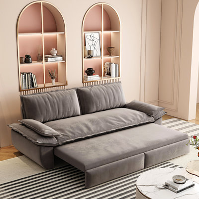 3 - In 1 Convertible Grey Sleeper Bed, 73.2" Queen Size, High Density Sponge, Soft Velvet Upholstery Pull Out , Comfortable Seating And Sleeping, Space Saving Solution