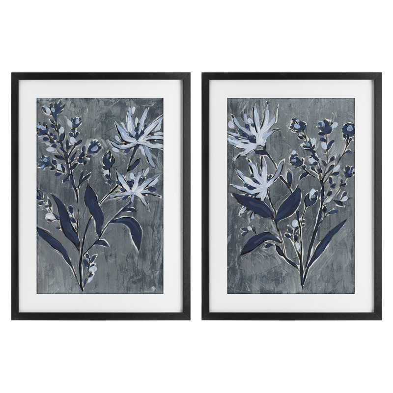 Ensemble de 2 reproductions encadrées sous-verre à motif de brindilles bleu marine, design par June Erica Vess