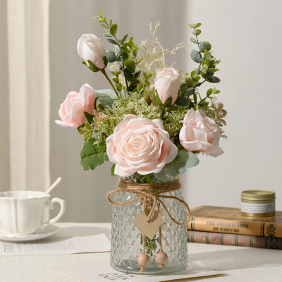 Fake Flowers With Vase, Artificial Flowers Silk Roses Flower Bouquet In Vase, Faux Flower Arrangements,Farmhouse Table Decor,Table Decorations For Living Room,Coffee Table Decor