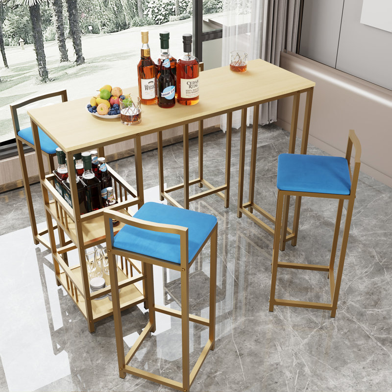 Ensemble de table de bar et chaise cinq pièces, structure dorée, plateau de table multicouche, coussin de chaise et dossier en éponge, table avec fonction de rangement (or + beige + bleu)