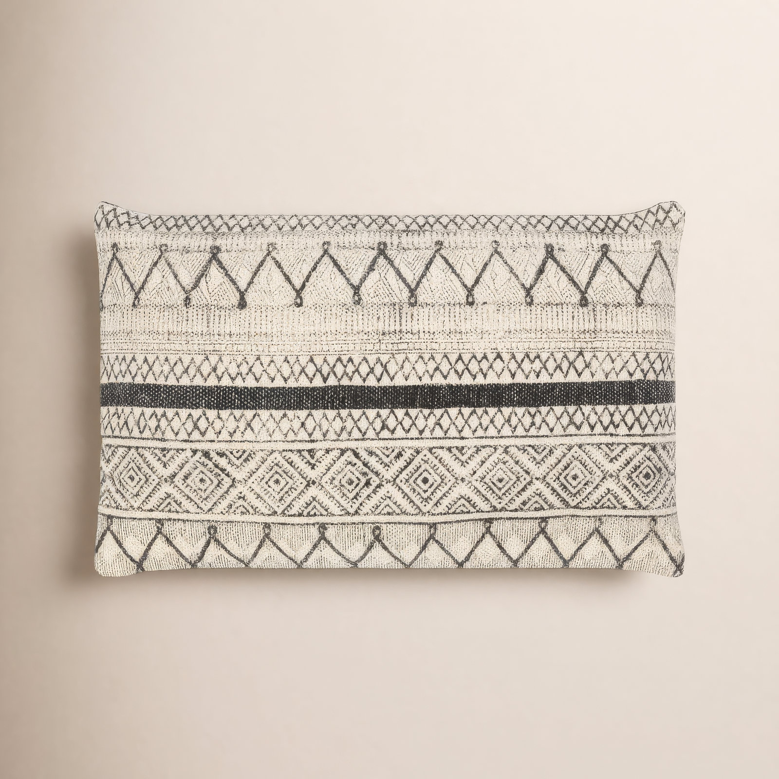 Zetta Geometric Cotton Lumbar Throw Pillow, Polyester/Polyfill, Light Beige/Black