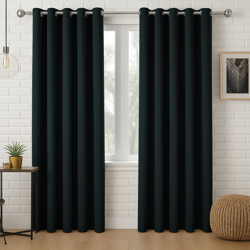 Luxury Plain 100% Blackout Curtains 2 Panel Eyelet Room Curtain, Black, 117cm W x 137cm L