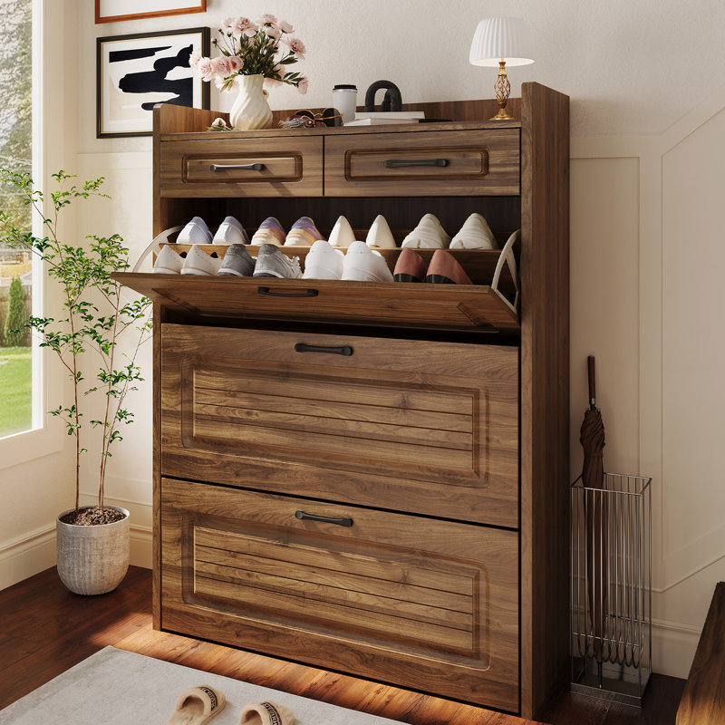 Shoe Cabinet for Entryway, Narrow Shoe Storage Cabinet with 3 Flip Drawers and 2 Top Drawers, Modern Shoe Rack Organizer Cabinet for Hallway, Apartment, Living Room, White