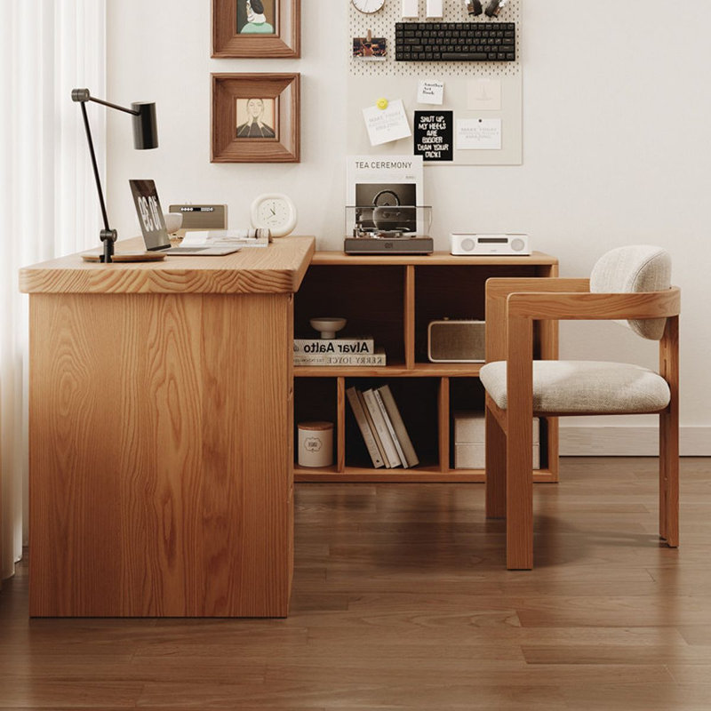 Bureau brun en L en bois massif avec 3 tiroirs, 29.53" H x 62.99" W x 21.65" D, Left Hand Return