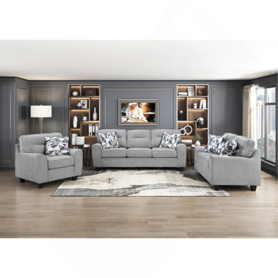 Contemporary 3Pc Set Living Room Sofa Loveseat Chair  Durable Chenille Fabric Decorative Pillows Wooden Furniture
