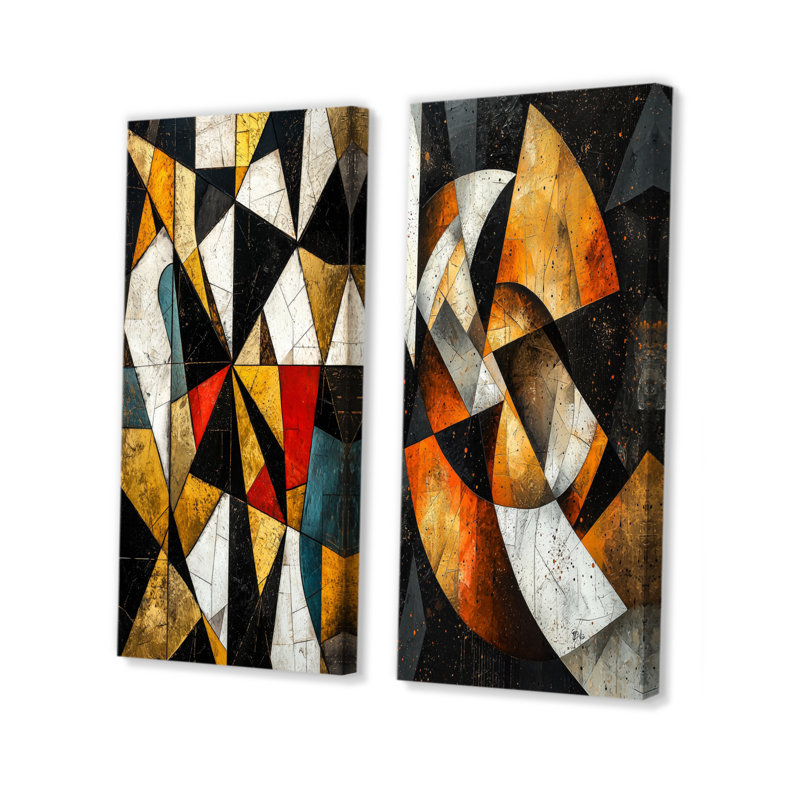 Ensemble de 2 pièces d'art abstrait noir et jaune III, Toile tendue, H 28 po x l 24 po
