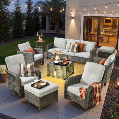 Ensemble de meubles de patio 9 pièces, chaises berçantes pivotantes en osier avec coussins confortables, ensemble de canapé à dossier haut toutes saisons pour la cour ou la pelouse
