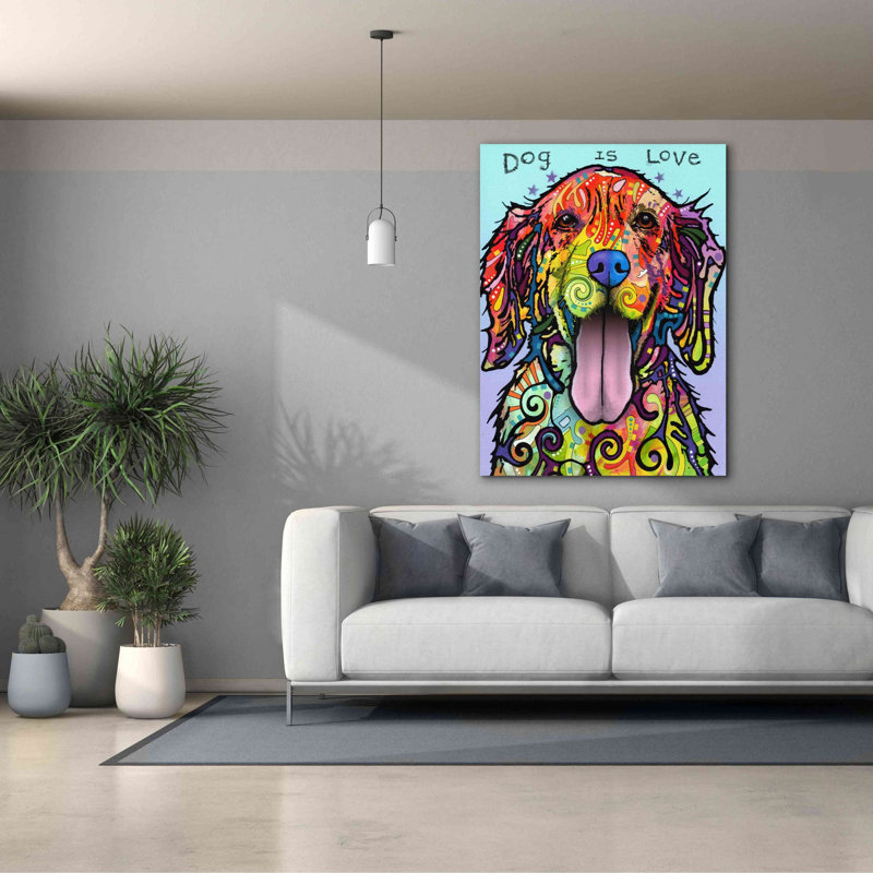 «Dog Is Love» par Dean Russo, estampe numérique sur toile, H 54 po x l 40 po x P 1,5 po