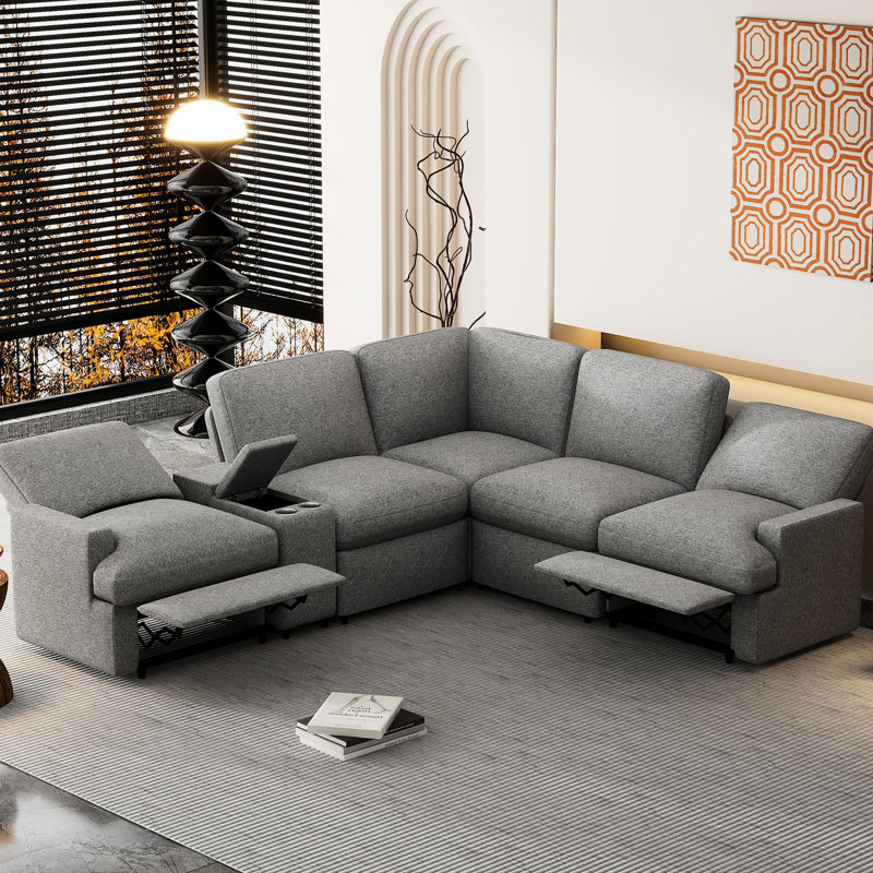 Fauteuil inclinable modulaire 104 po gris avec boîte de rangement, porte-gobelets, ports et prises de courant inclinables au design moderne
