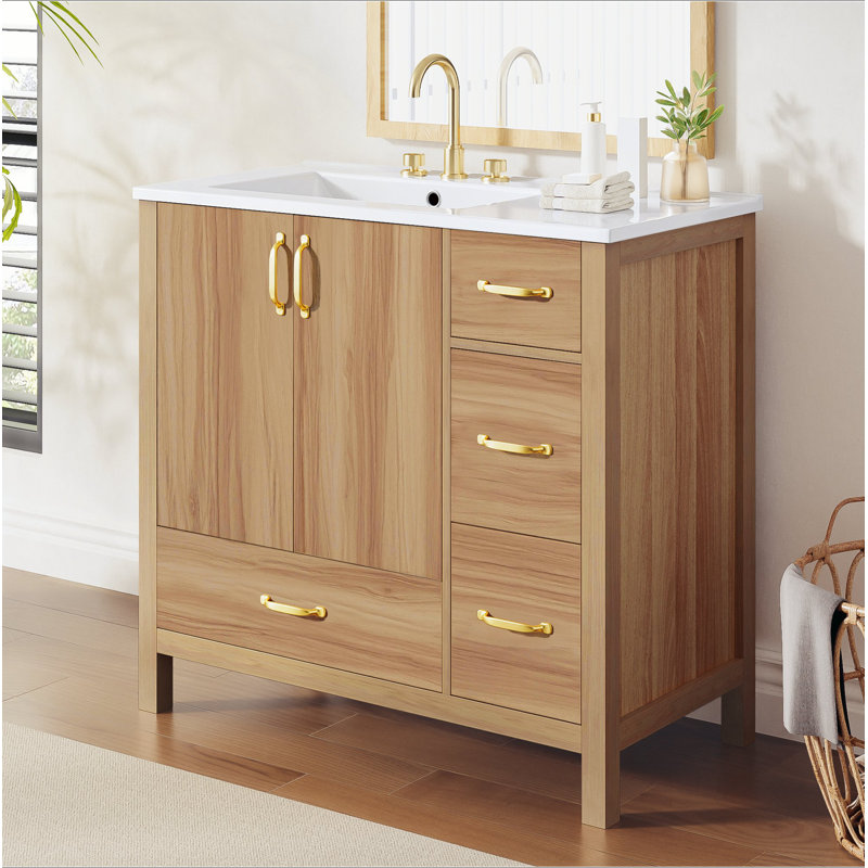 Meuble-lavabo de 36 po en bois avec 2 portes à fermeture douce, 4 tiroirs à fermeture douce, tablette réglable et armoire de rangement moderne