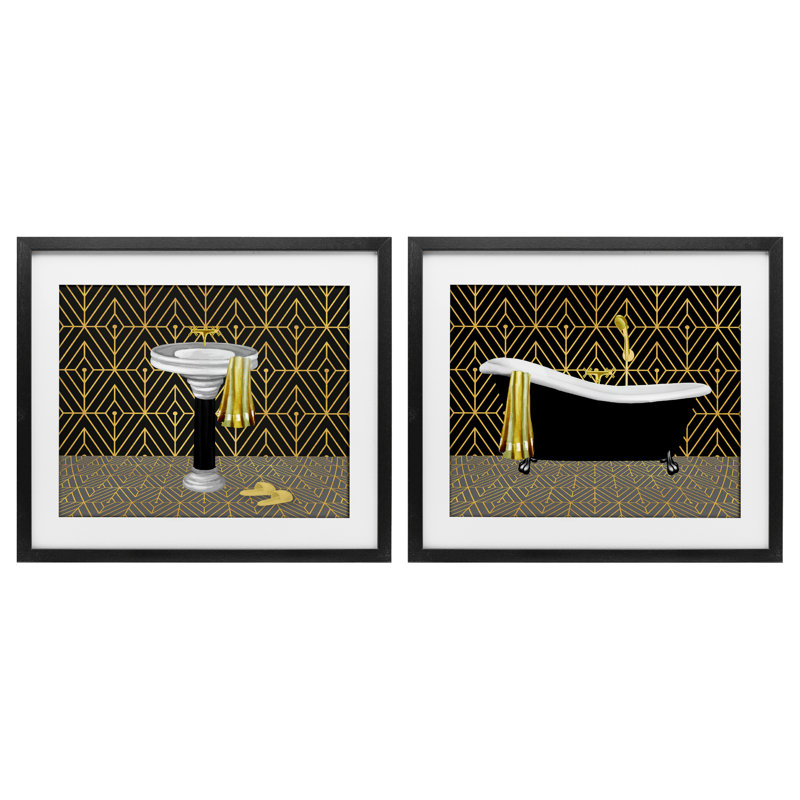 Geometric Patterned Bathroom Views 2pc Framed Print Under Glass Set, design by Conrad Knutsen, 13" H x 16" W
