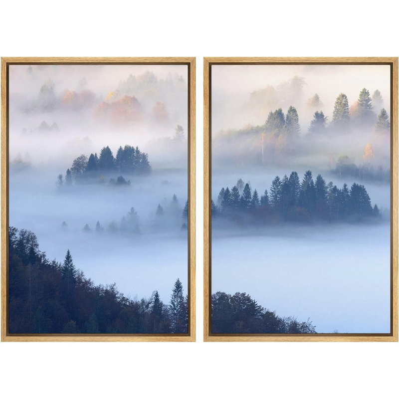 Brume matinale, montagne, vallée, arbres, paysage naturel, photographie, décor, H 24 po x l 16 po, Naturel